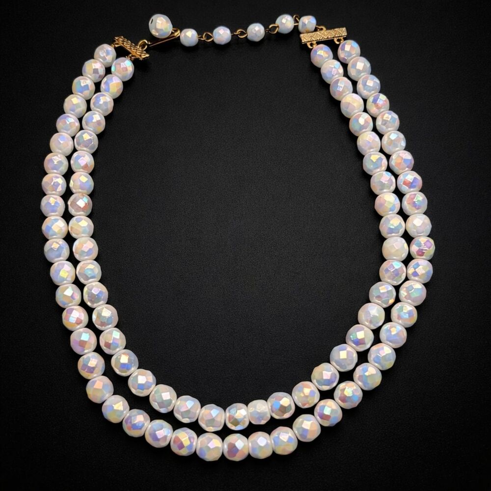 Vintage AB Glass Beaded Necklace 16” Double Strand Iridescent Pastel Princess